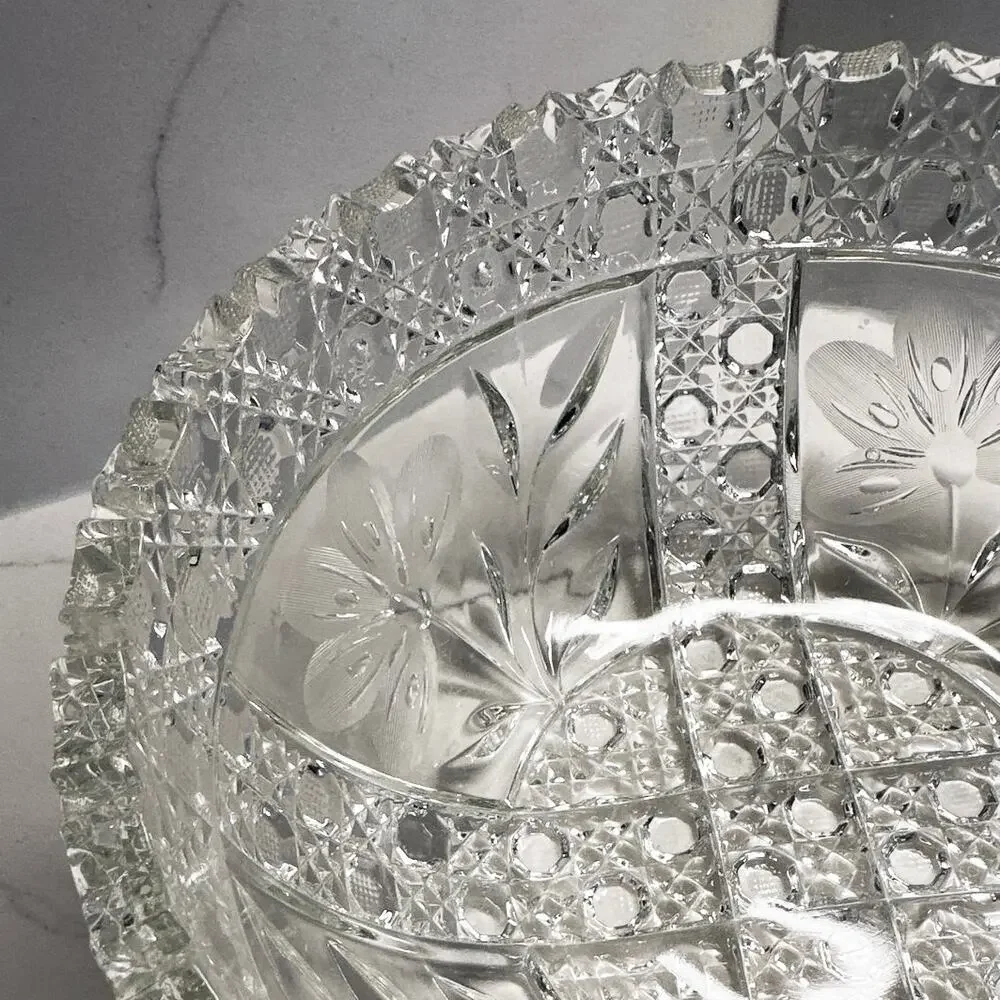 Antique American Brilliant Period Cut Glass Bowl Lead Crystal Floral Leaves 8”